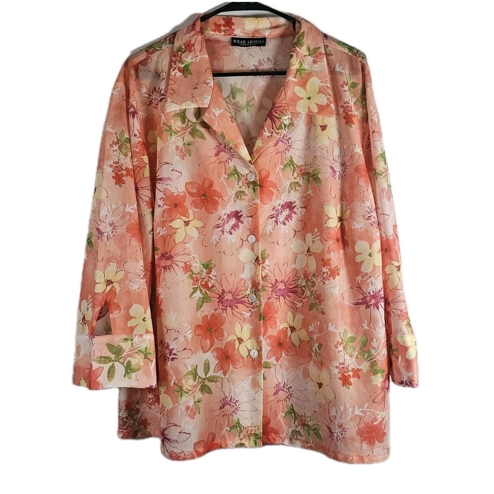 Vtg Wear Abouts Women's 2X Sheer Orange Floral Button Blouse Made In USA